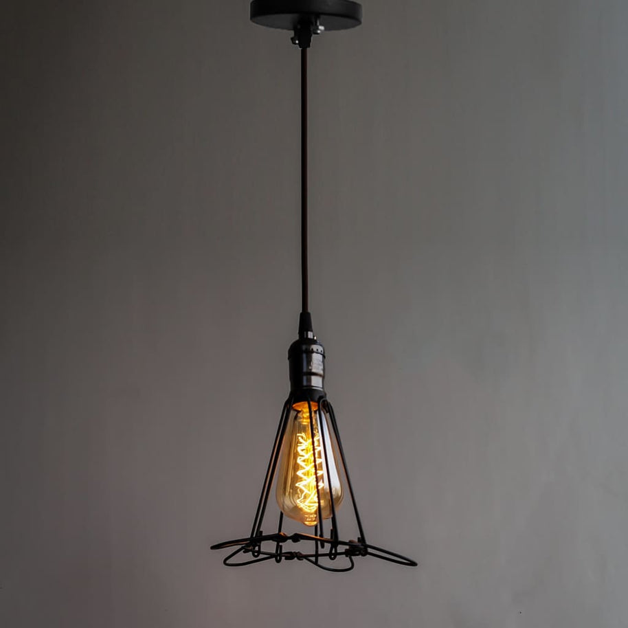 Edison Cage Pendant Industrial Light High Gloss Finish E27 Holder With Switch - The Black Steel