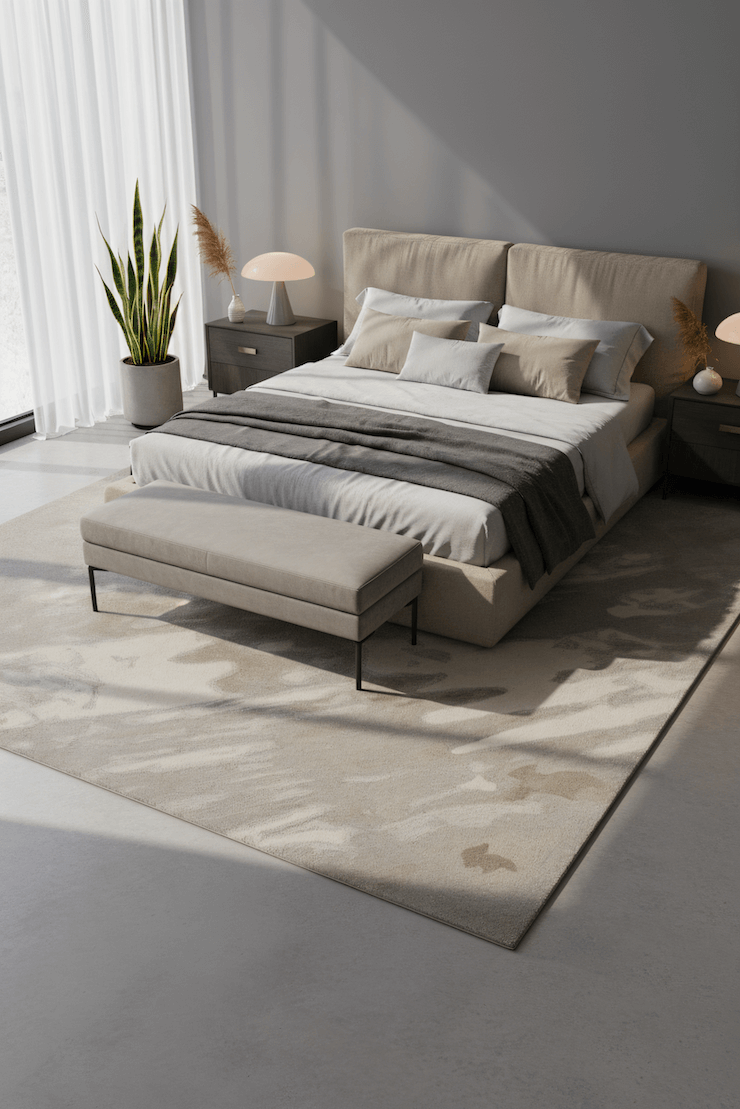 E L S A luxury handmade rug by Cherom, beige New Zealand wool, modern design, soft tones.