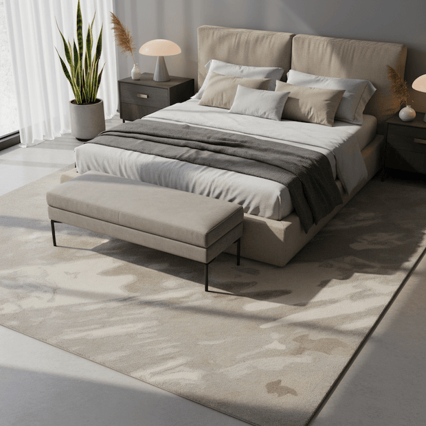 E L S A luxury handmade rug by Cherom, beige New Zealand wool, modern design, soft tones.