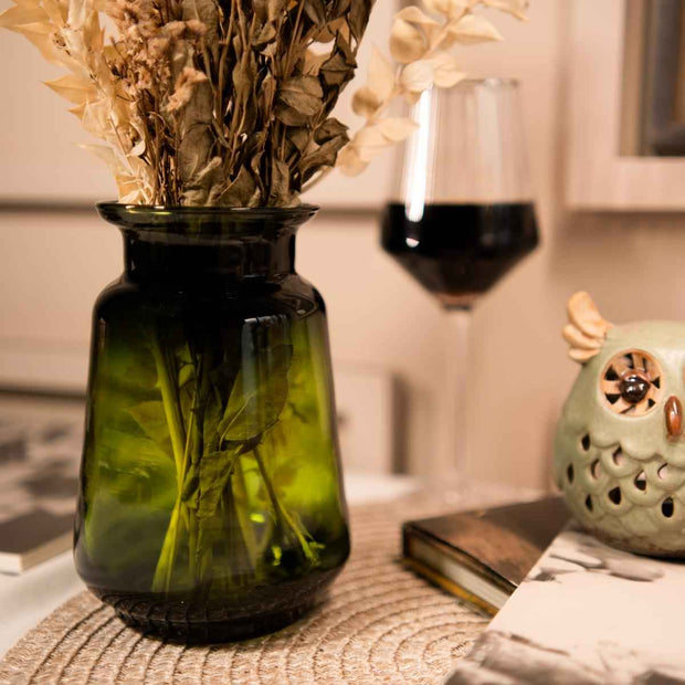 Emerald Elegance Vase with Dried Flower Bunch | Decorative Glass Vase