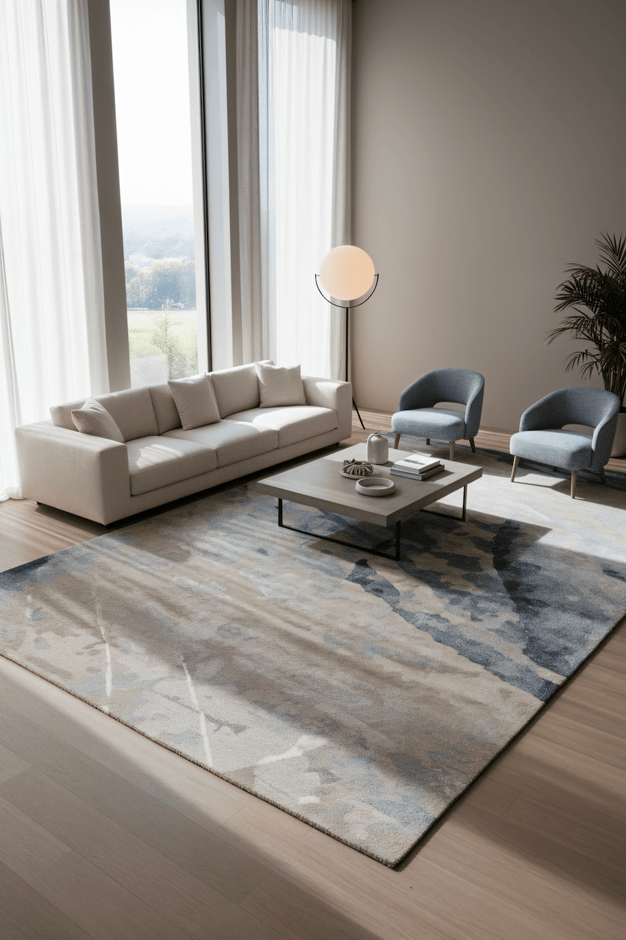 E V O K E luxury handmade rug by Cherom, New Zealand wool, muted blue and beige tones.
