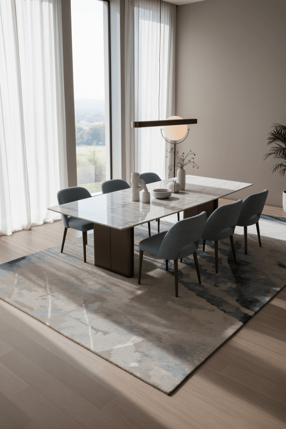 E V O K E luxury handmade rug by Cherom, New Zealand wool, soft greys and muted blues.