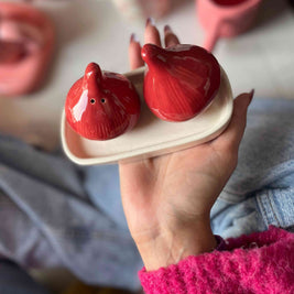 Hand holding a red ceramic onion-shaped salt and pepper shaker with a white base.