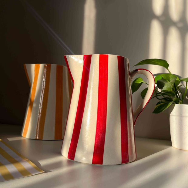 Red Gelato ceramic jug vase with hand-painted striped pattern