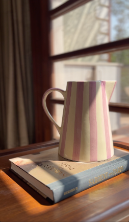 lavender ceramic jug vase from gelato collection displayed on a table.