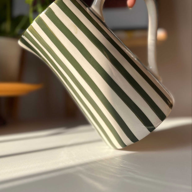 Ceramic jug vase with basil green stripe detailing