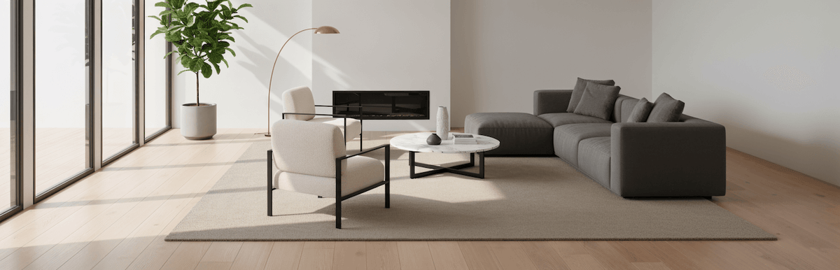I C O N - L T.  B E I G E luxury handmade rug by Cherom in a modern living room setting.
