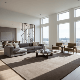 Elegant living room featuring I C O N - T R U F F L E rug, modern sofa, and stylish furniture with large windows.