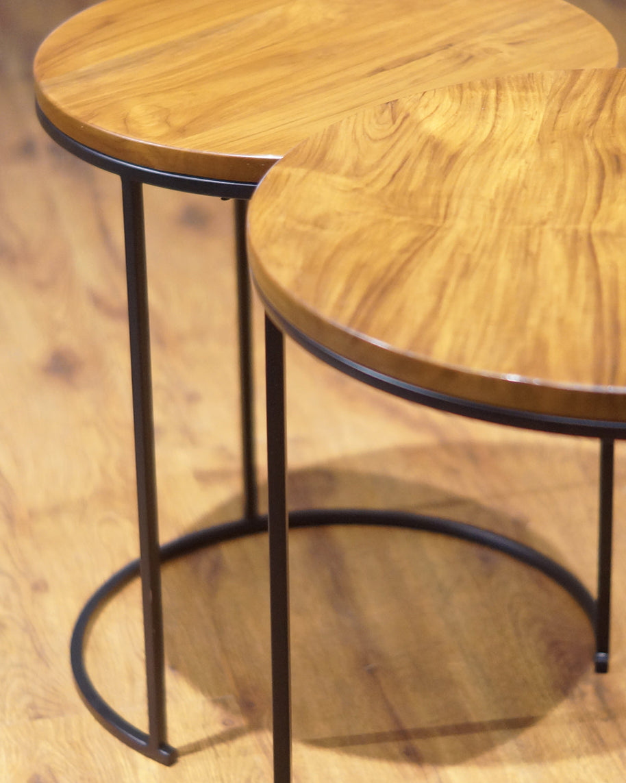 Teak Wood and Slim Metal Frame Nesting Tables