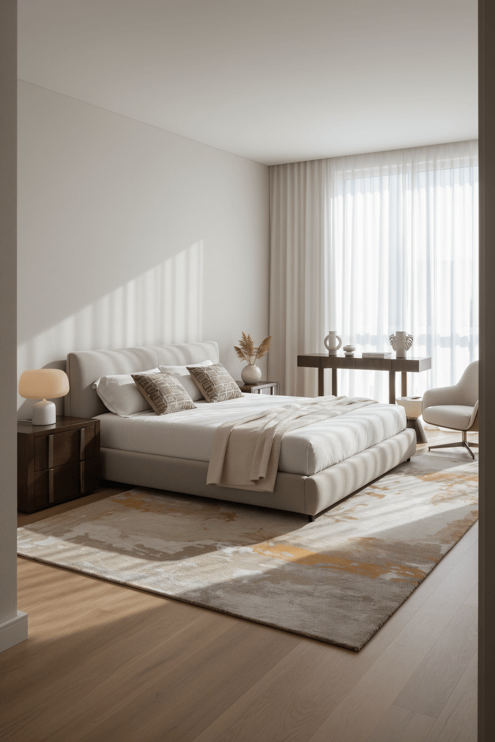 L U M E T luxury handmade rug by Cherom, neutral color, New Zealand wool in modern bedroom design.