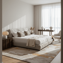 L U M E T luxury handmade rug by Cherom, neutral color, New Zealand wool in modern bedroom design.