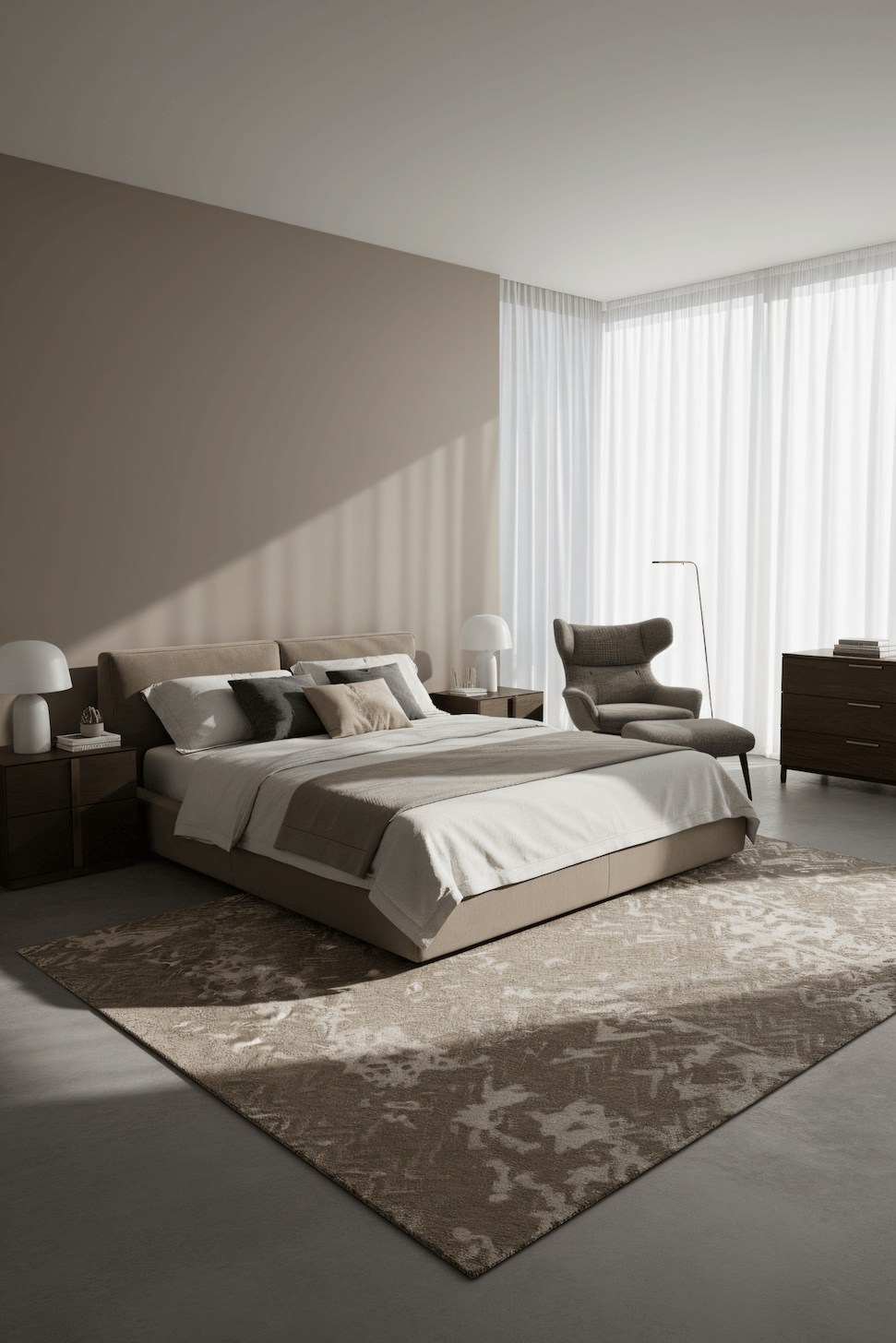 N E I M A N luxury handmade rug by Cherom in soft beige New Zealand wool, modern contemporary design.