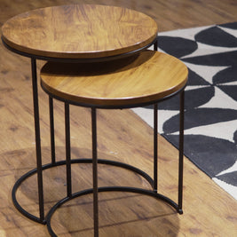 Teak Wood and Slim Metal Frame Nesting Tables