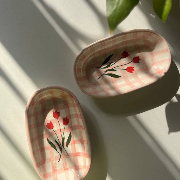 Two Pink Cottage ceramic trinket tray with hand-painted checks and tulips