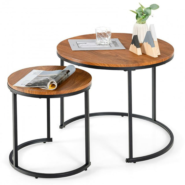 Teak Wood and Slim Metal Frame Nesting Tables