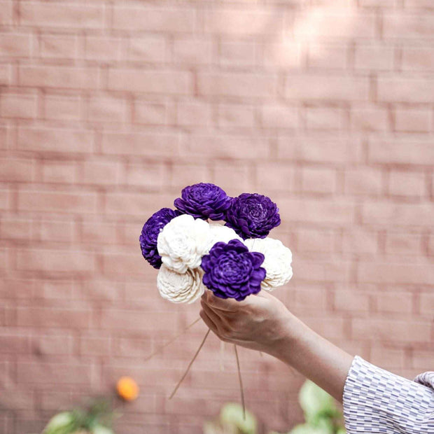 Purple White Sola Dried Flowers Combo | Natural Sola Wood Vase Decor