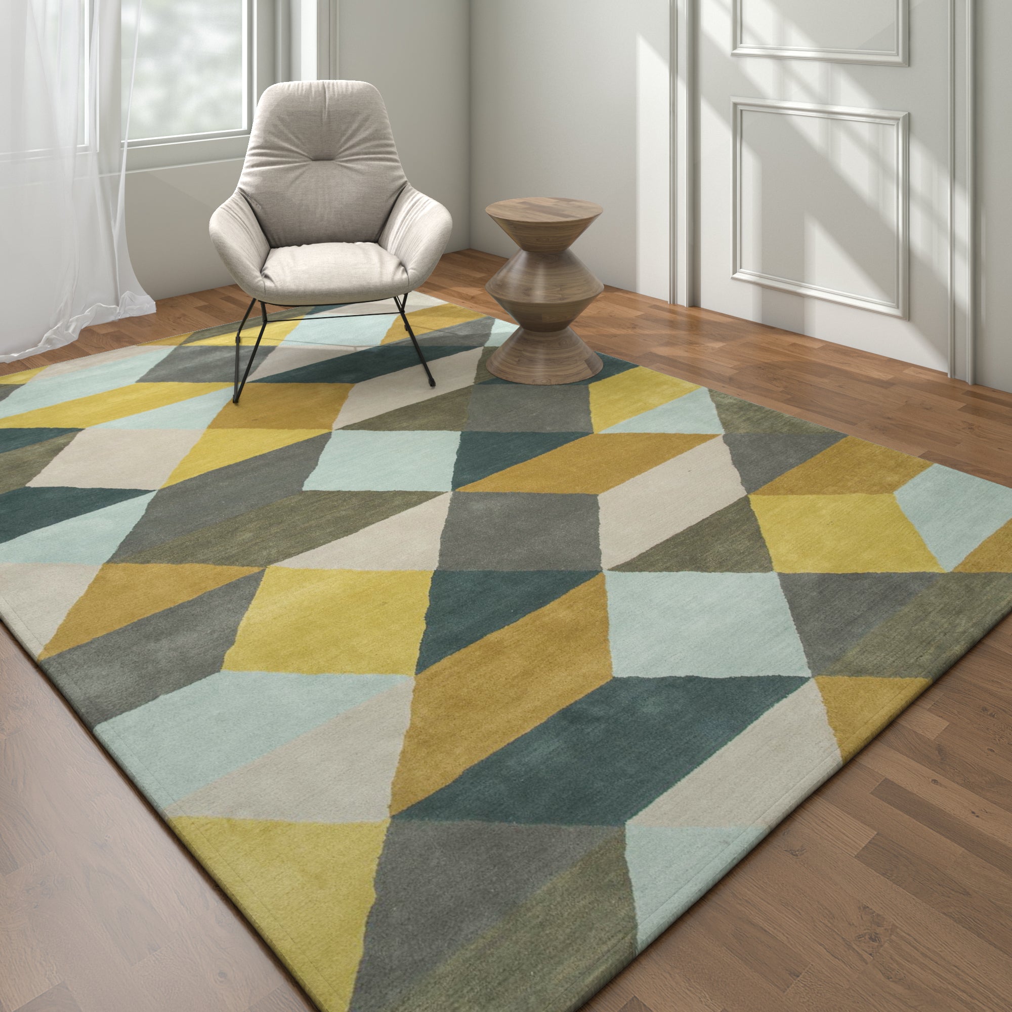 Carpet For Living room 8X11 Feet Blue Wool Rectangle Geometric And Stripes Rug