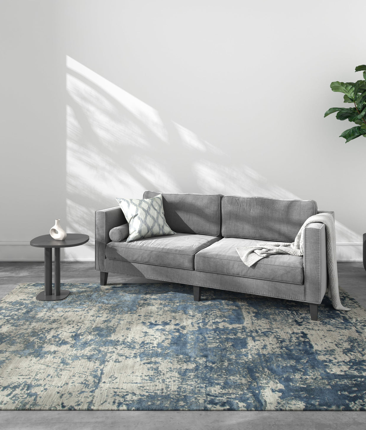 Carpet For Living room 2x3 Feet Grey and Black Wool and Bamboo Silk Rectangle Abstract Rug