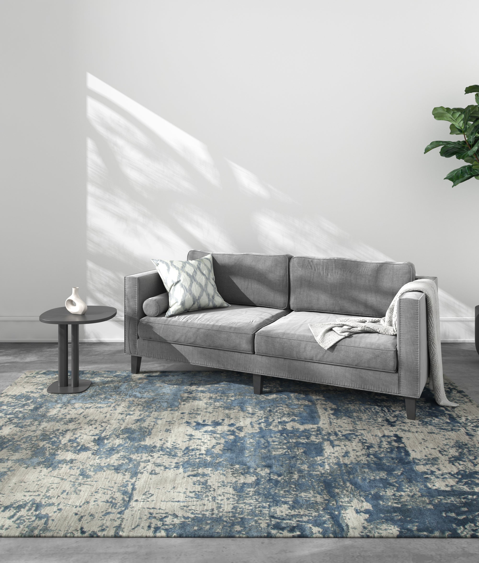 Carpet For Living room 2x3 Feet Grey and Black Wool and Bamboo Silk Rectangle Abstract Rug