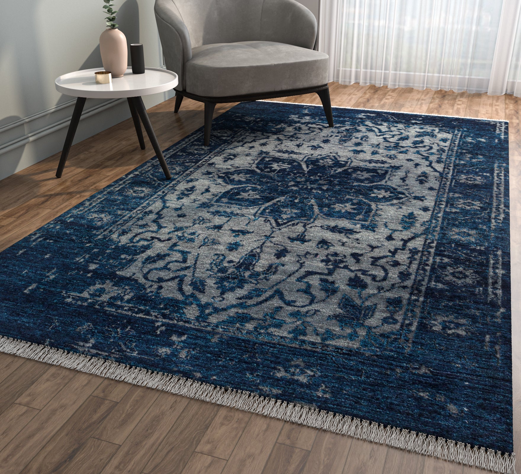 Carpet For Living room 2X3 Feet Blue Wool Rectangle Vintage And Distressed Rug