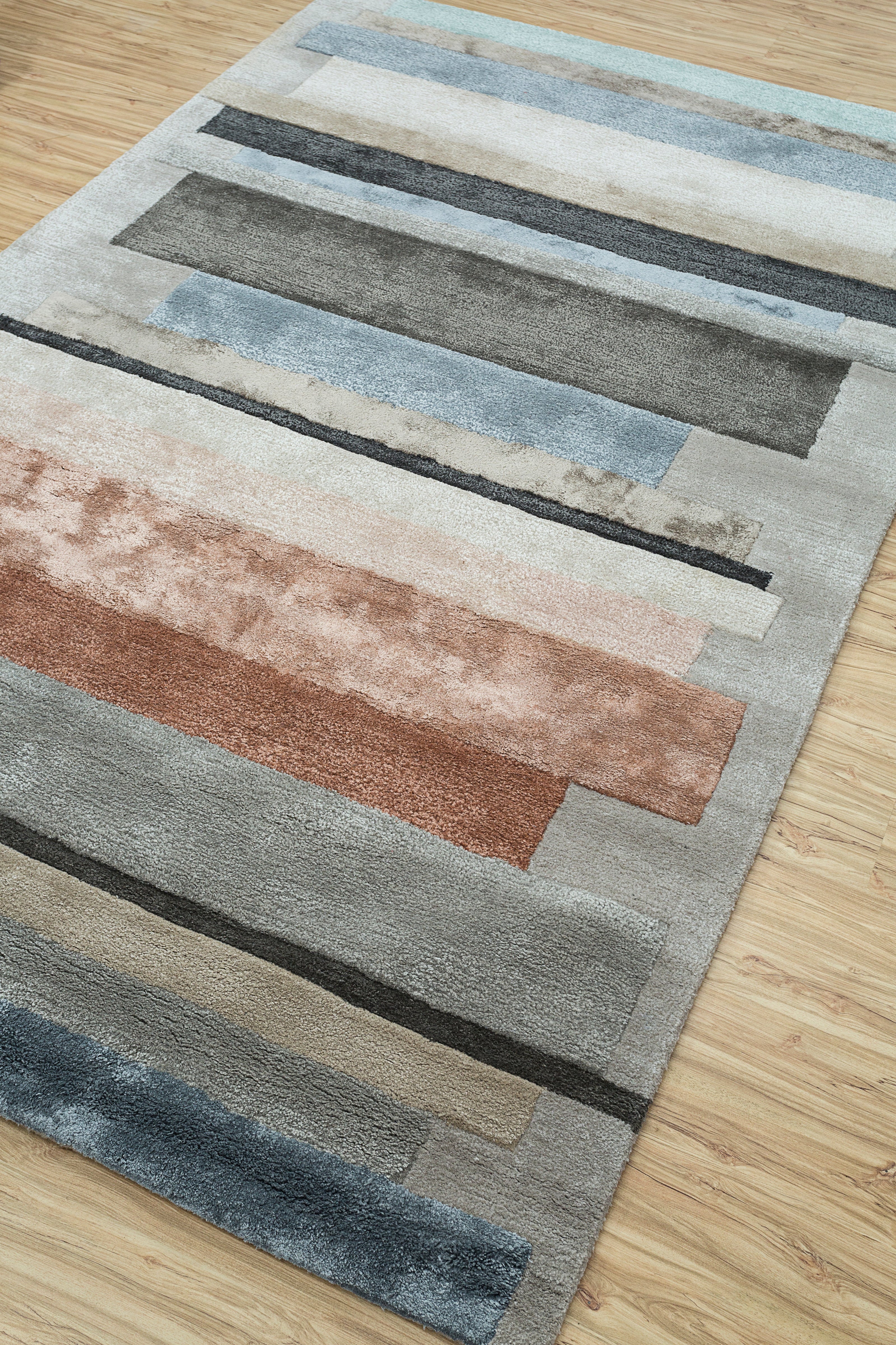 Carpet For Living room 8X11 Feet Grey And Black Wool & Viscose Rectangle Geometric And Stripes Rug