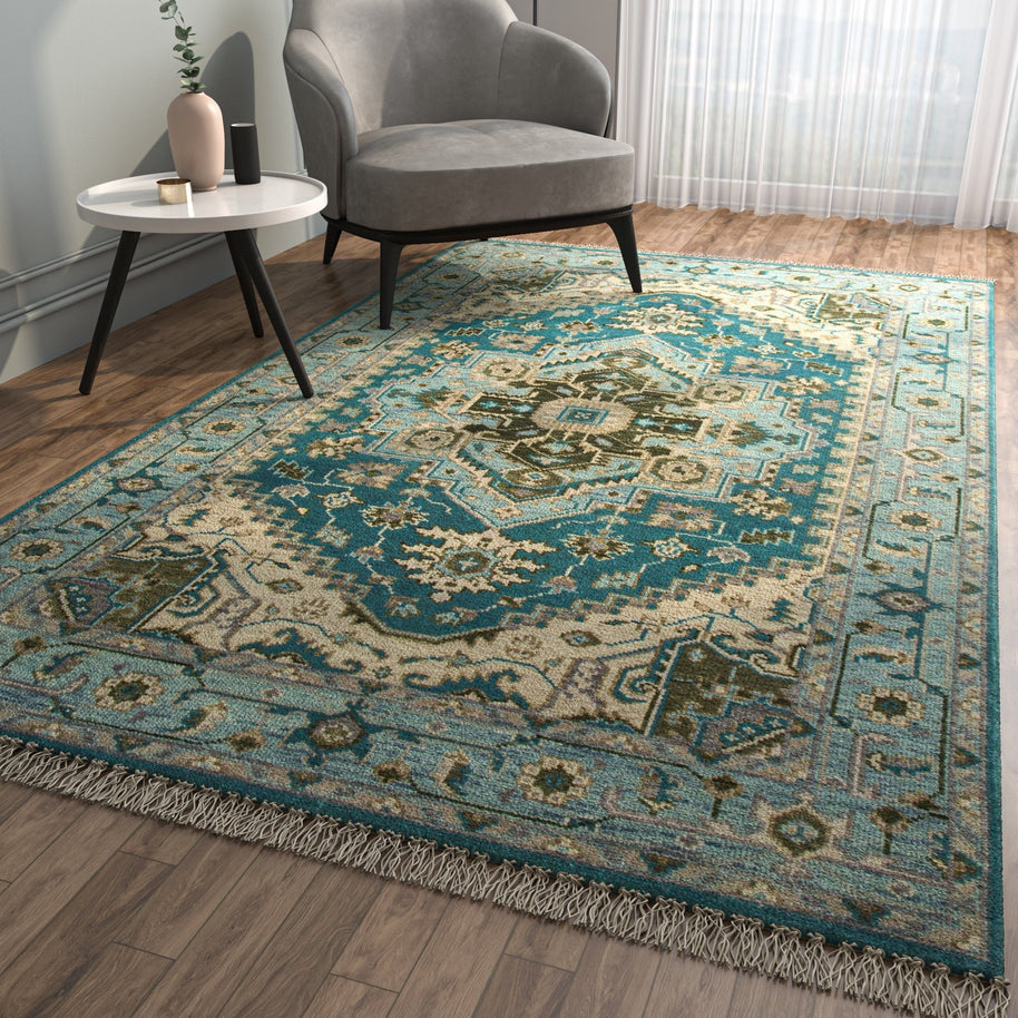 Carpet For Living room 8X10 Feet Blue Wool Rectangle Oriental And Traditional Rug - I MEAN DESIGN