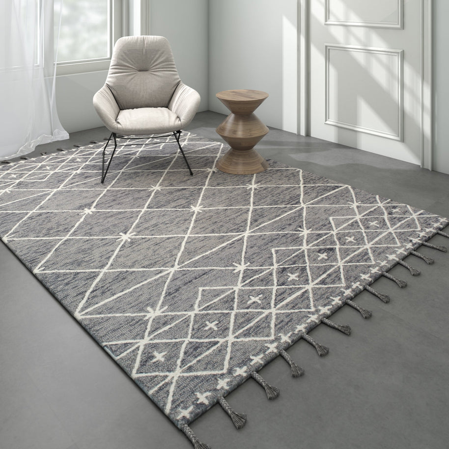 Carpet For Living room 9X12 Feet Grey And Black Wool Rectangle Moroccan And Tribal Rug - I MEAN DESIGN