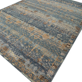 Carpet For Living room 8x10 Feet Blue Wool Rectangle Vintage and Distressed Rug