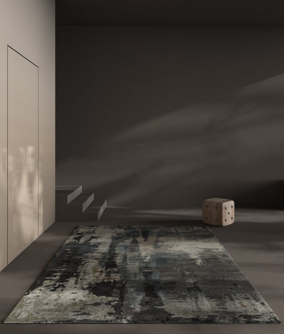Carpet For Living room 8x11 Feet Grey and Black Wool and Viscose Rectangle Abstract Rug - I MEAN DESIGN