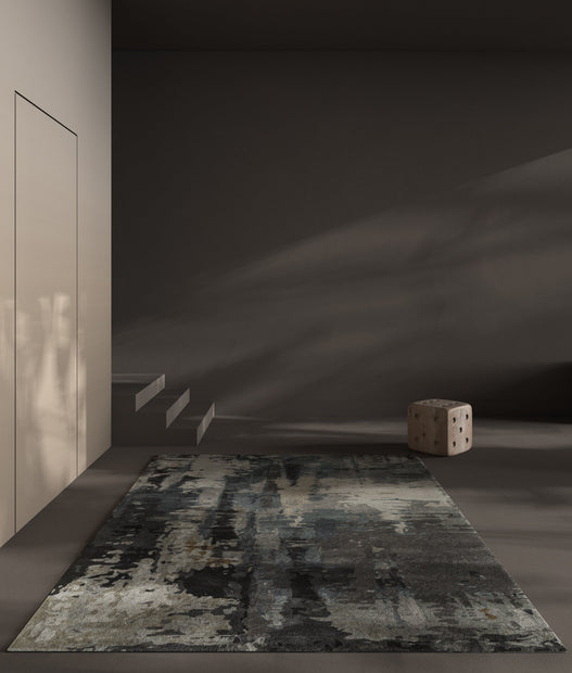 Carpet For Living room 8x11 Feet Grey and Black Wool and Viscose Rectangle Abstract Rug