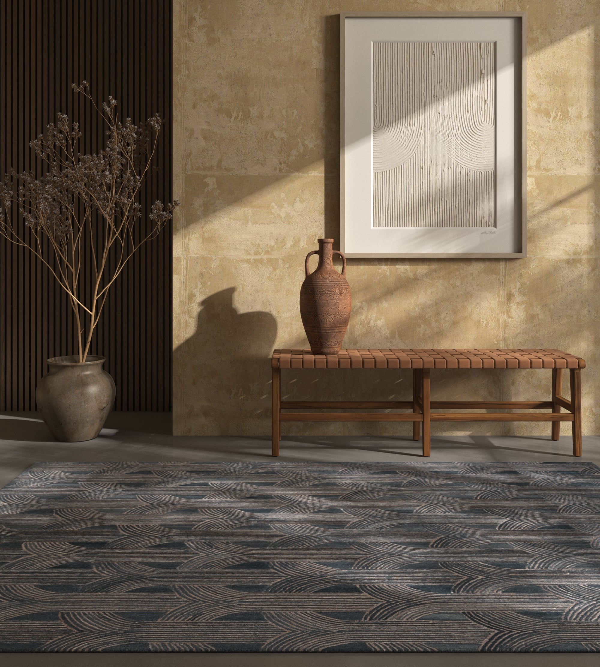 Carpet For Living room 8x10 Feet Blue Wool Rectangle Geometric and Stripes Rug