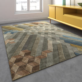 Carpet For Living room 4X6 Feet Grey And Black Wool & Viscose Rectangle Geometric And Stripes Rug