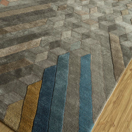 Carpet For Living room 4X6 Feet Grey And Black Wool & Viscose Rectangle Geometric And Stripes Rug