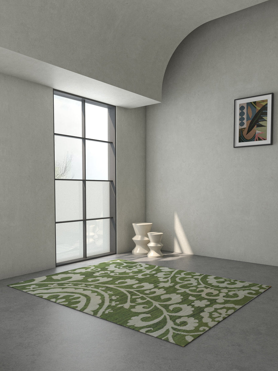 Carpet For Living room 9X12 Feet Green Wool & Viscose Rectangle Abstract Rug - I MEAN DESIGN