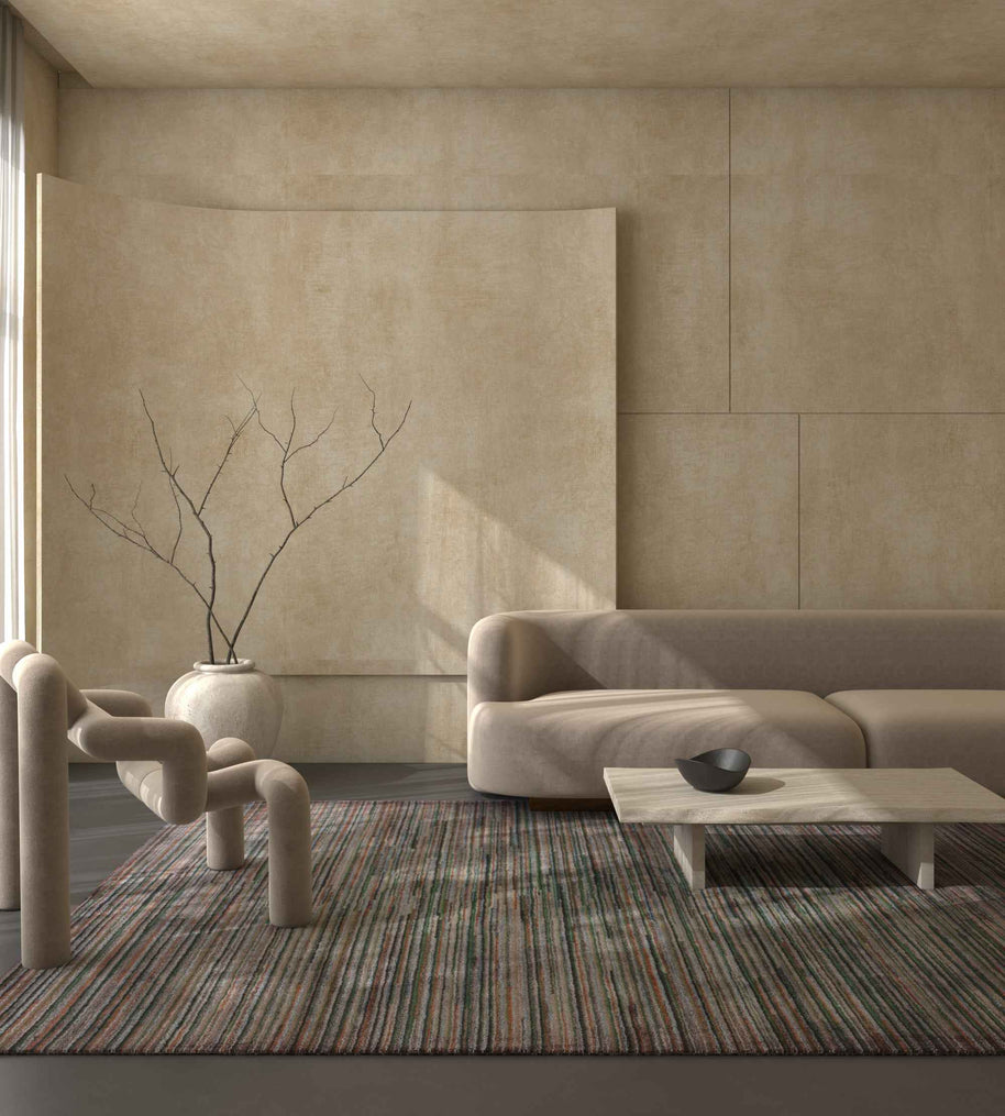 Carpet For Living room 6x9 Feet Beige and Brown Wool and Viscose Rectangle Geometric and Stripes Rug