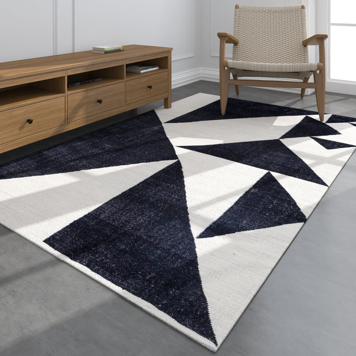 Carpet For Living room 5'3X7'6 Feet Grey And Black Wool Rectangle Geometric And Stripes Rug
