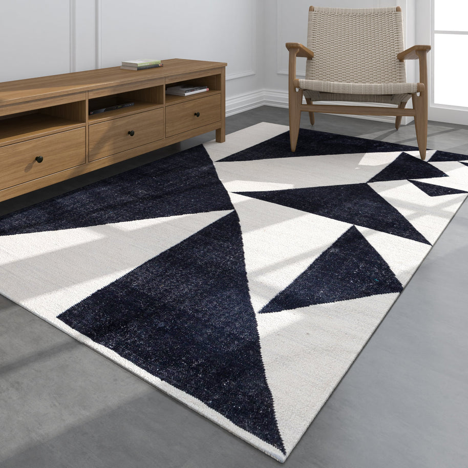 Carpet For Living room 5'3X7'6 Feet Grey And Black Wool Rectangle Geometric And Stripes Rug - I MEAN DESIGN