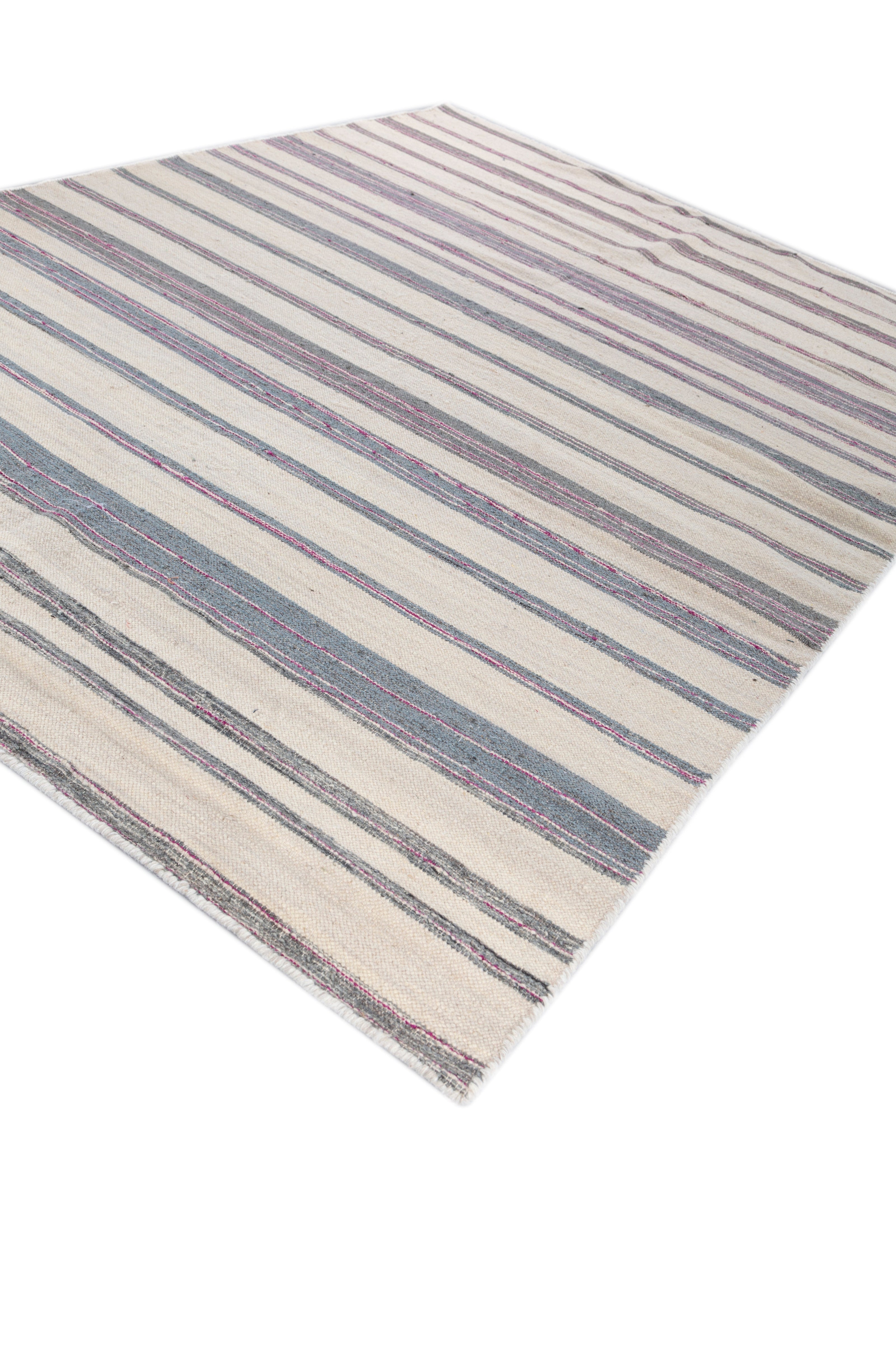 Carpet For Living room 6x9 Feet Grey and Black Wool and Viscose Rectangle Geometric and Stripes Rug