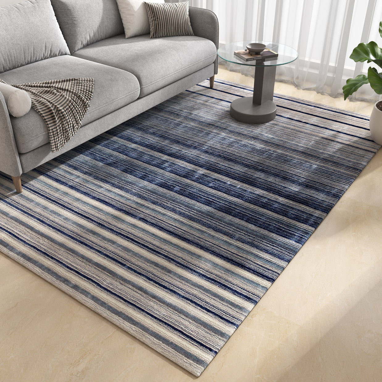 Carpet For Living room 6X9 Feet Blue Wool & Viscose Rectangle Solid Rug