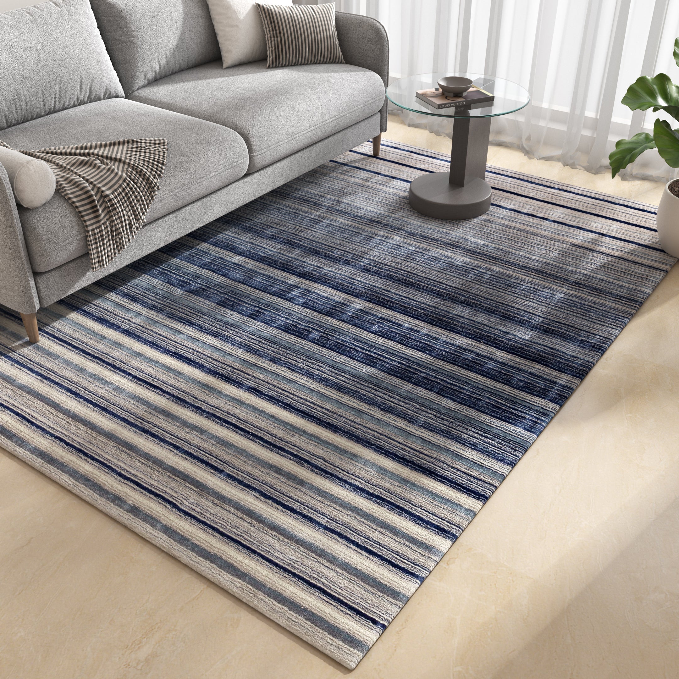 Carpet For Living room 6X9 Feet Blue Wool & Viscose Rectangle Solid Rug