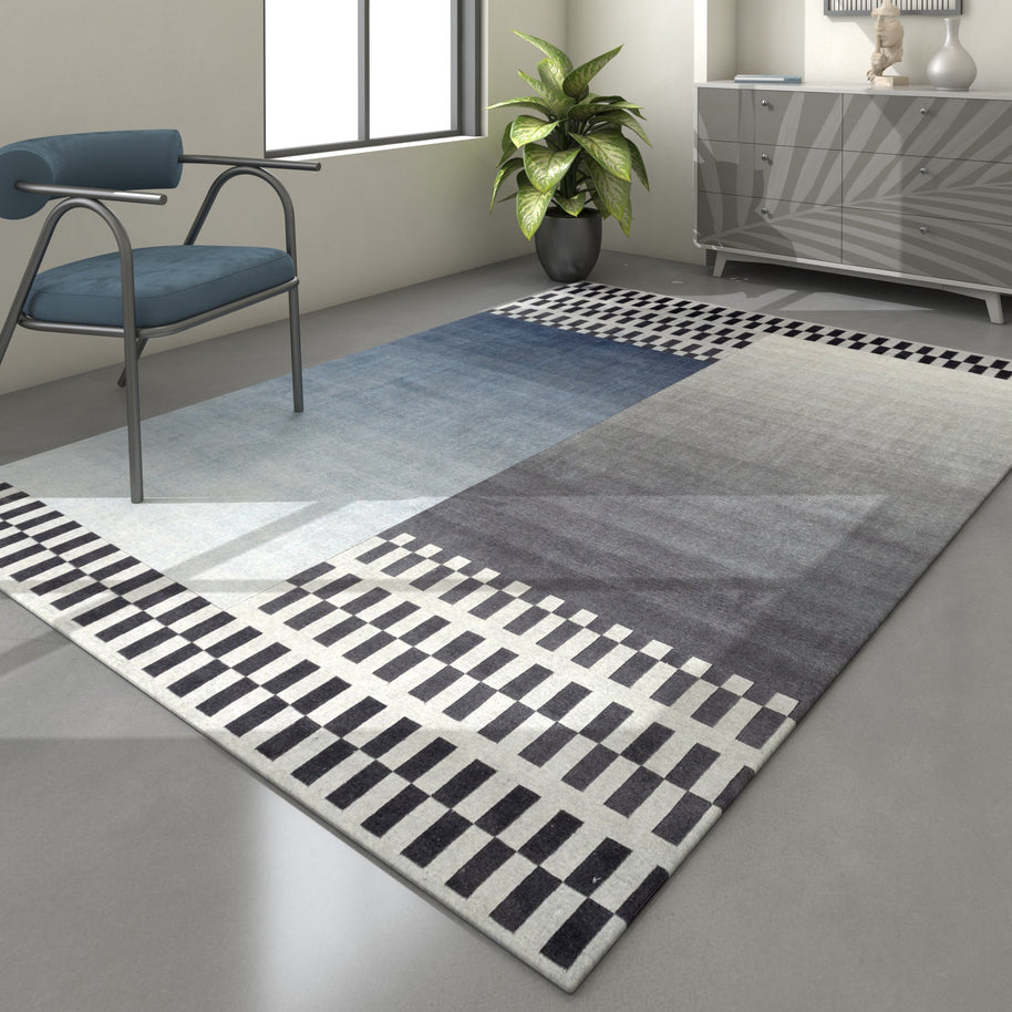 Carpet For Living room 6X9 Feet Grey And Black Wool Rectangle Geometric And Stripes Rug - I MEAN DESIGN