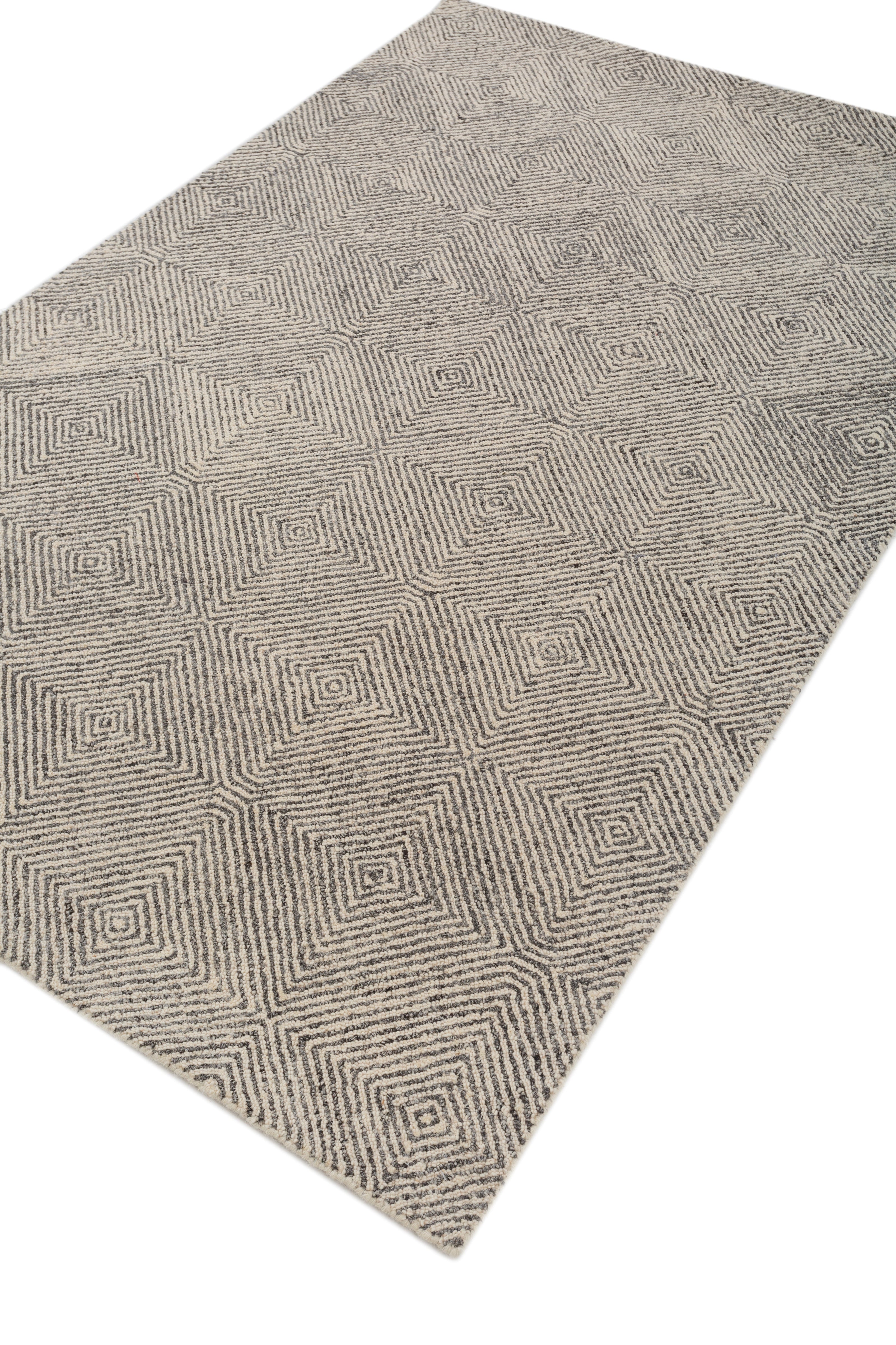 Carpet For Living room 8x11 Feet Ivory Wool and Nylon Rectangle Geometric and Stripes Rug