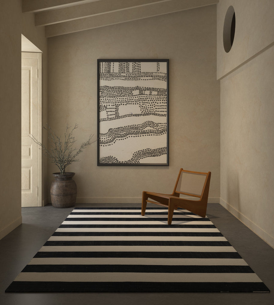 Carpet For Living room 2x5 Feet Grey and Black Wool Rectangle Geometric and Stripes Rug
