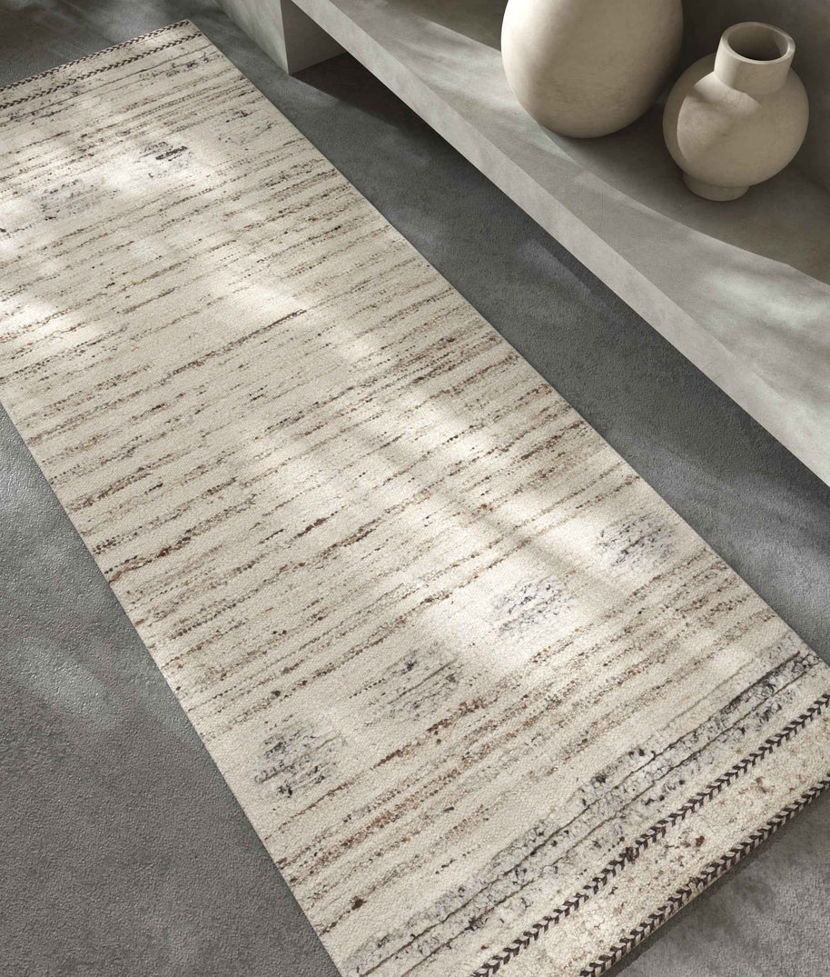 Carpet For Living room 2'8X7 Feet Ivory Wool Runner Geometric and Stripes Rug