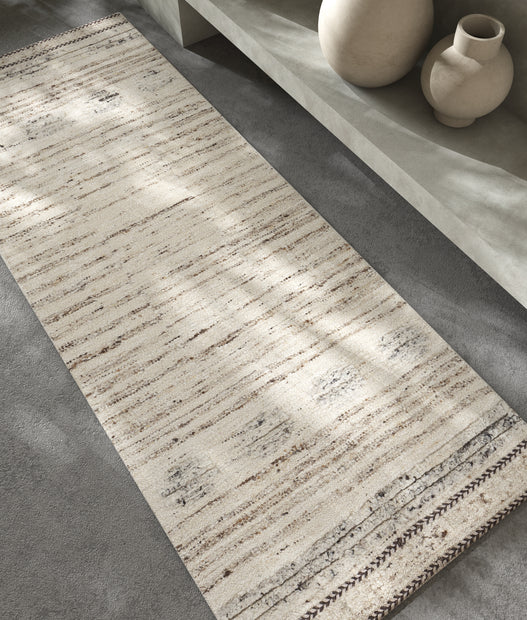 Carpet For Living room 3'4X9 Feet Ivory Wool Runner Geometric and Stripes Rug