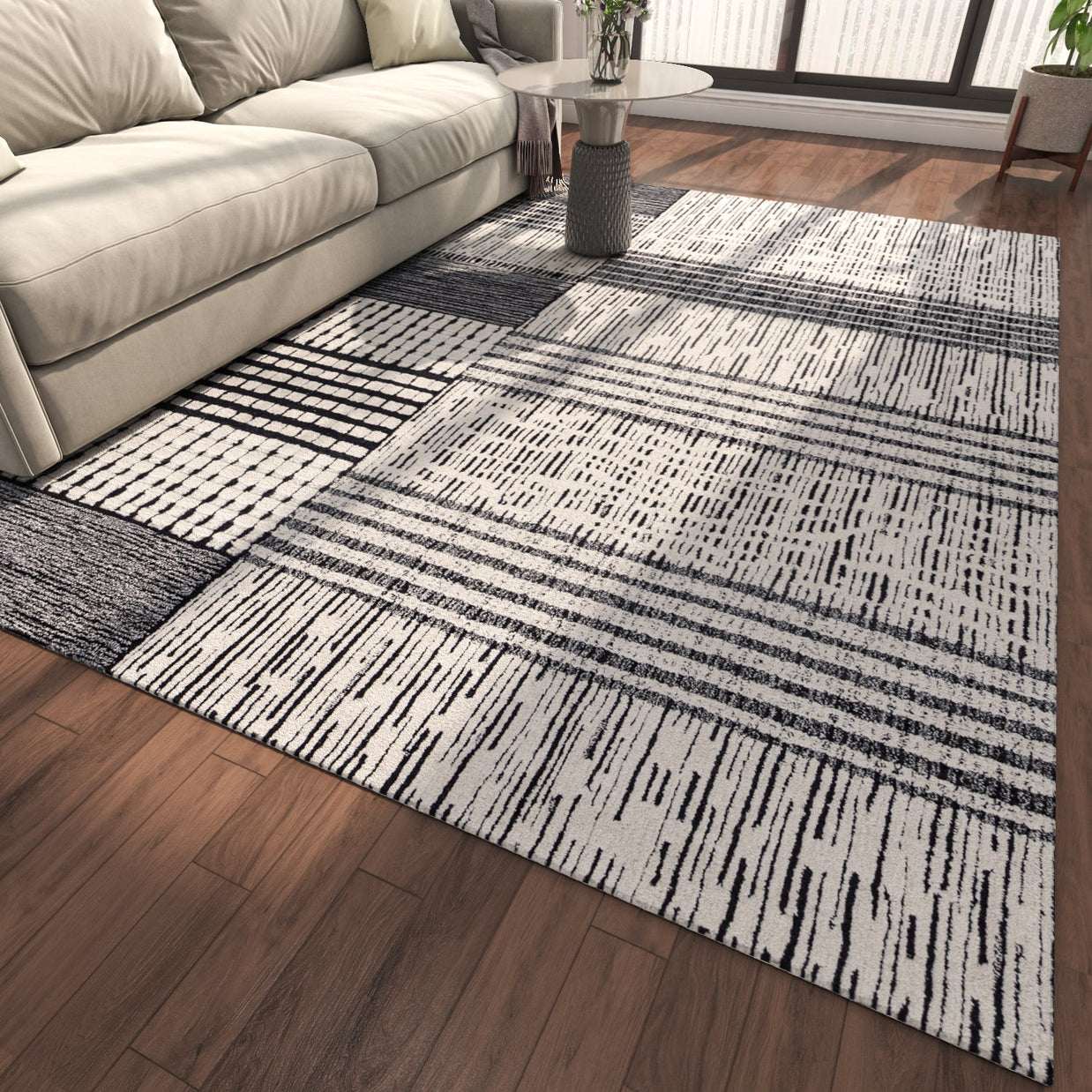 Carpet For Living room 6X9 Feet Ivory Wool Rectangle Geometric And Stripes Rug