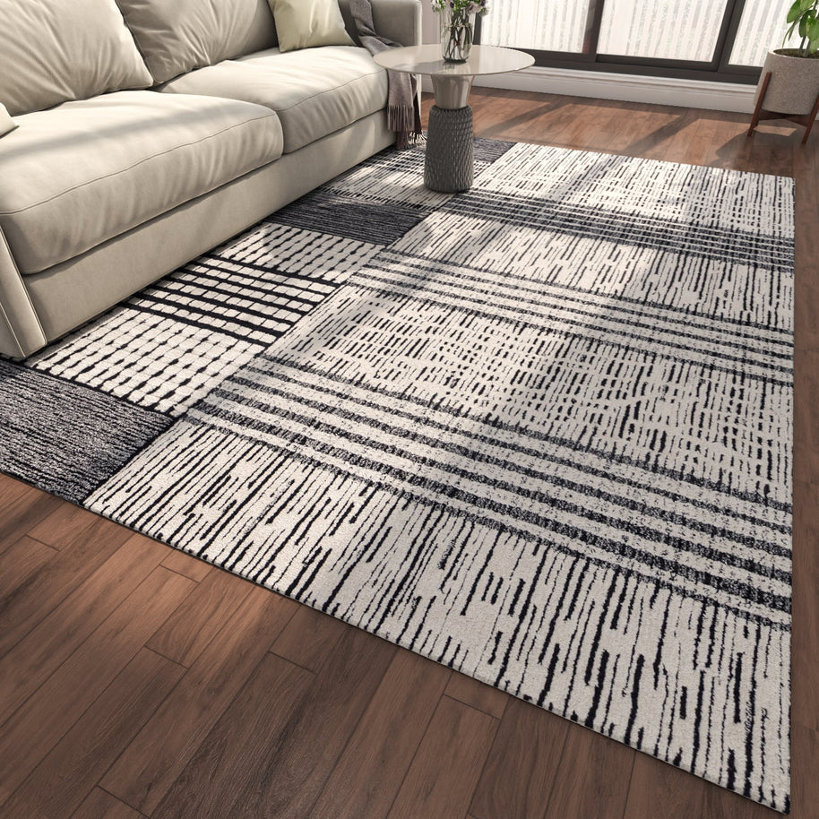 Carpet For Living room 6X9 Feet Ivory Wool Rectangle Geometric And Stripes Rug - I MEAN DESIGN