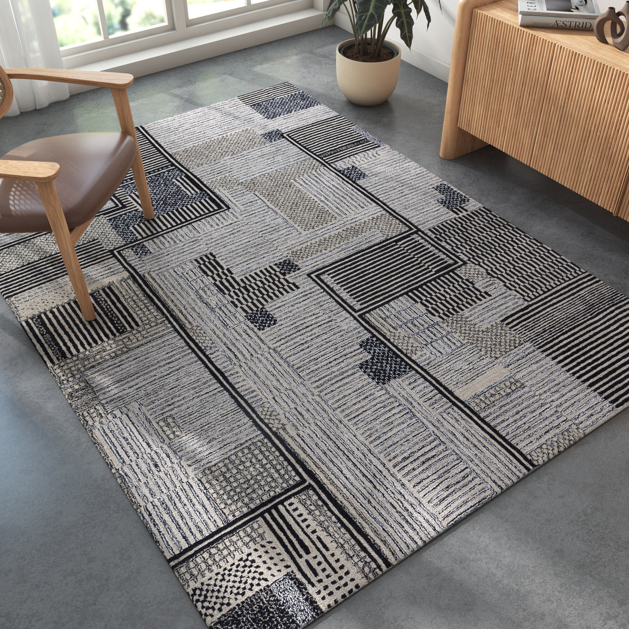 Carpet For Living room 6X9 Feet Ivory Wool Rectangle Geometric And Stripes Rug