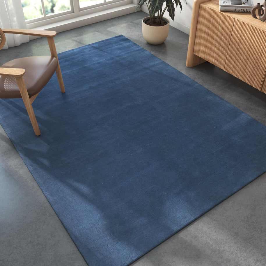 Carpet For Living room 5X8 Feet Blue Wool Rectangle Solid Rug - I MEAN DESIGN