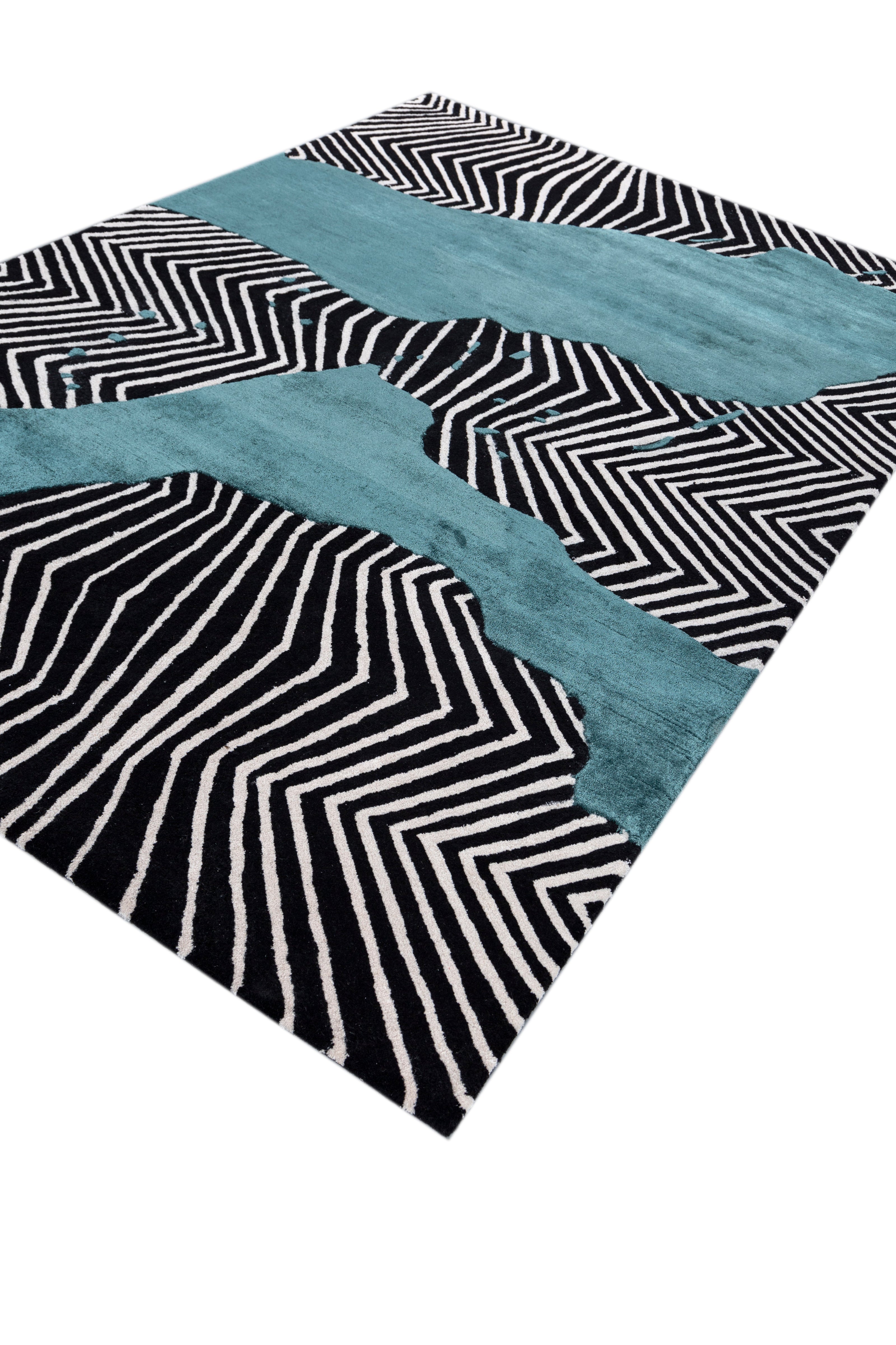 Carpet For Living room 6x9 Feet Grey and Black Wool and Viscose Rectangle Abstract Rug